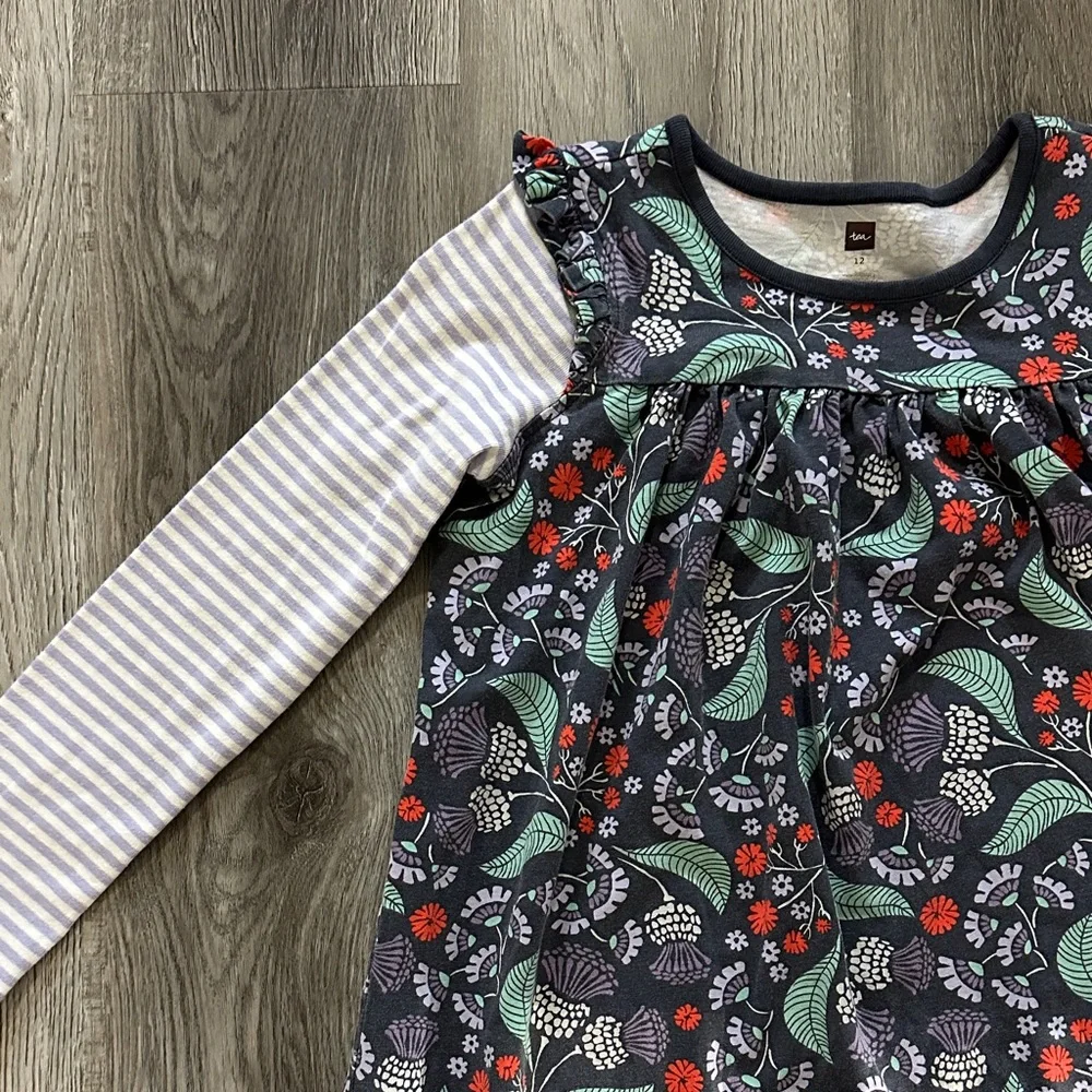 Tea collection Floral Long Sleeve Dress with Striped Sleeves size 12‎